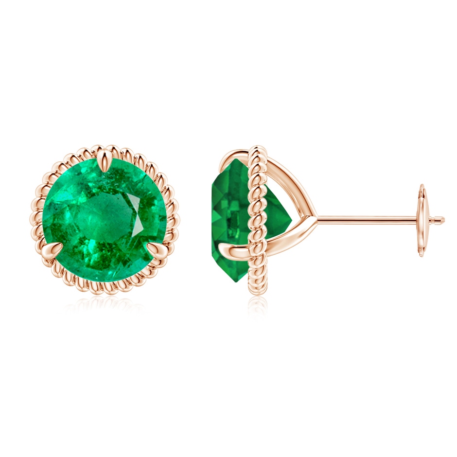 9mm AAA Rope Framed Claw-Set Emerald Martini Stud Earrings in Rose Gold 