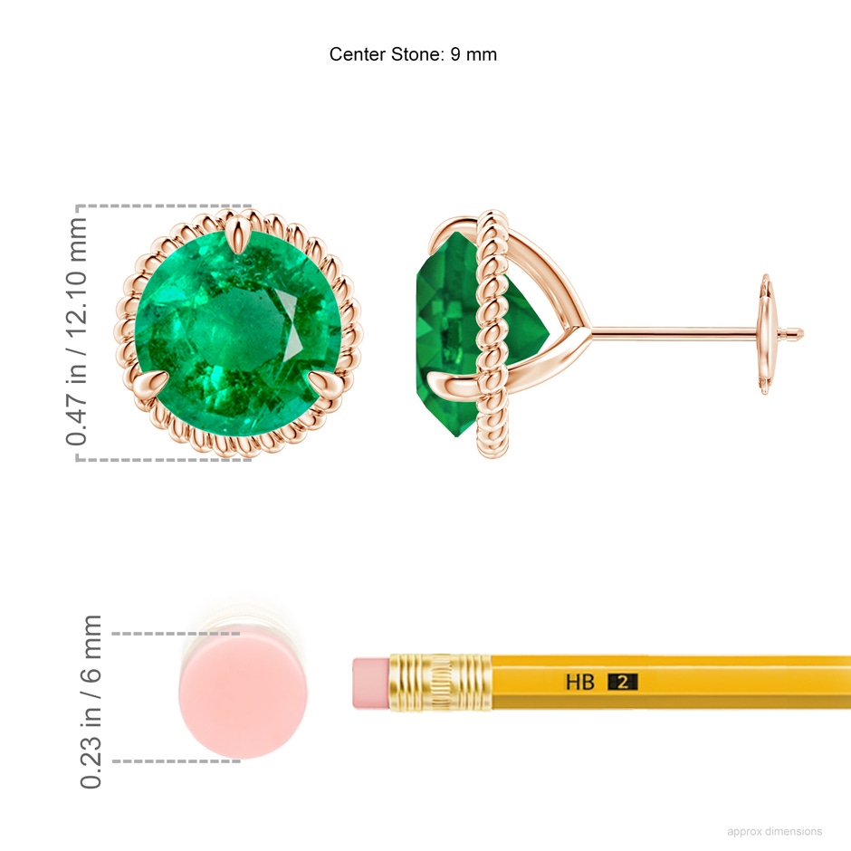9mm AAA Rope Framed Claw-Set Emerald Martini Stud Earrings in Rose Gold ruler