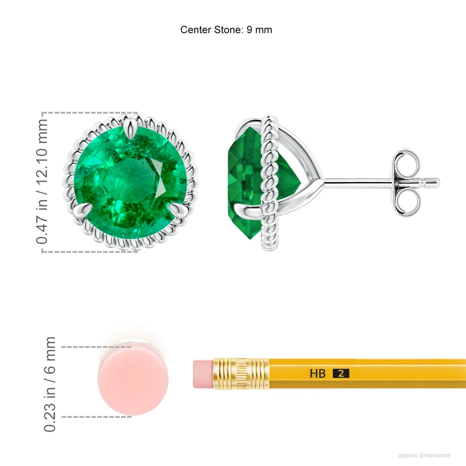 9mm AAA Rope Framed Claw-Set Emerald Martini Stud Earrings in S999 Silver ruler