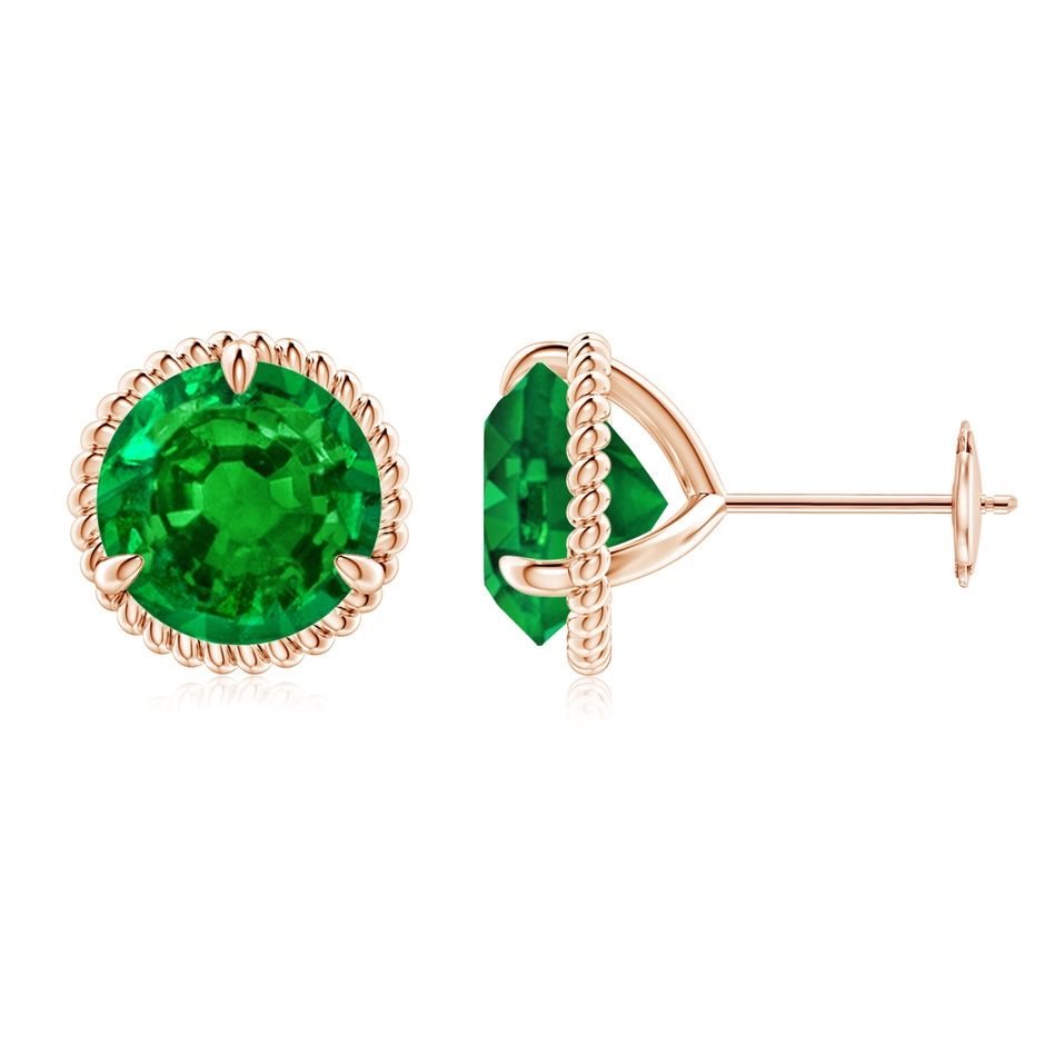 9mm AAAA Rope Framed Claw-Set Emerald Martini Stud Earrings in 18K Rose Gold 