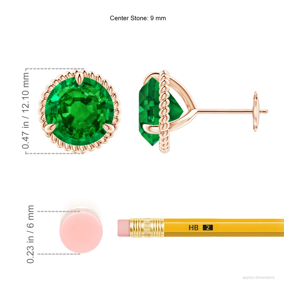 9mm AAAA Rope Framed Claw-Set Emerald Martini Stud Earrings in 18K Rose Gold ruler