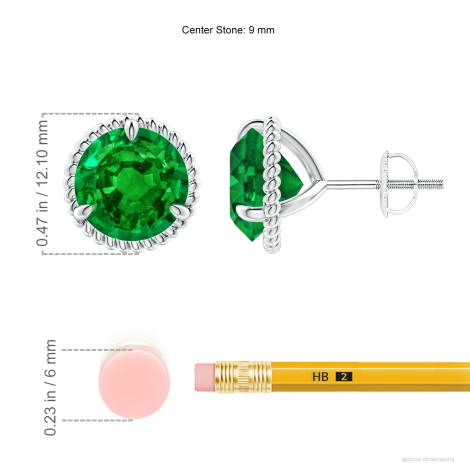 9mm AAAA Rope Framed Claw-Set Emerald Martini Stud Earrings in P950 Platinum ruler