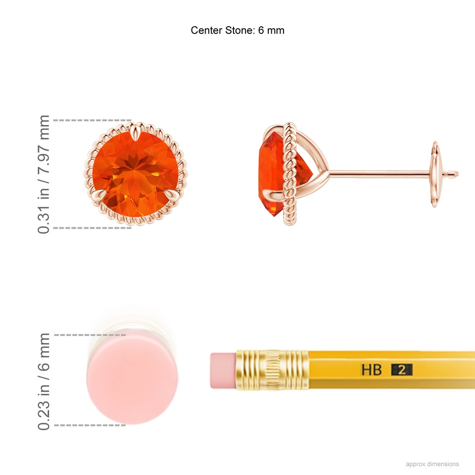 6mm AAA Rope Framed Claw-Set Fire Opal Martini Stud Earrings in Rose Gold ruler