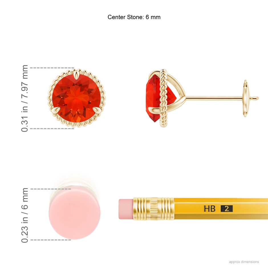 6mm AAAA Rope Framed Claw-Set Fire Opal Martini Stud Earrings in Yellow Gold ruler