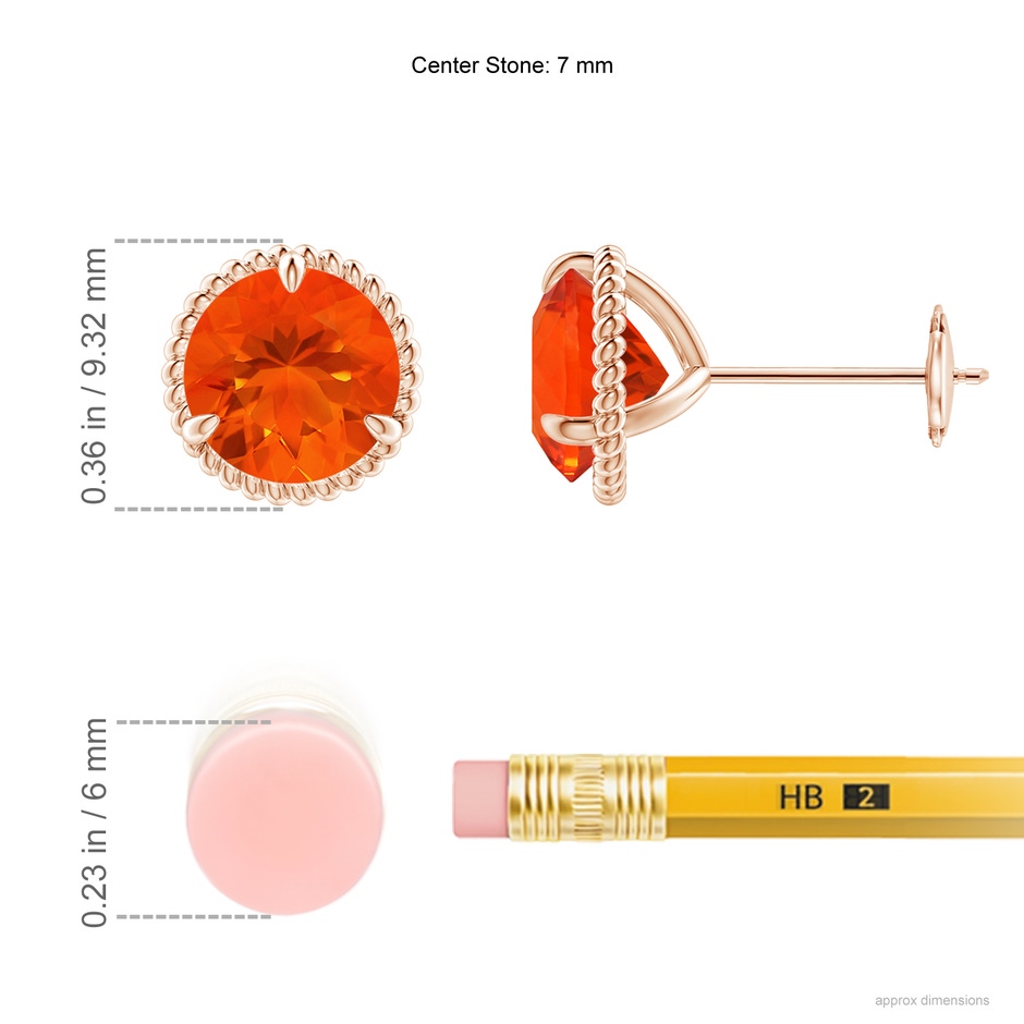 7mm AAA Rope Framed Claw-Set Fire Opal Martini Stud Earrings in 18K Rose Gold ruler