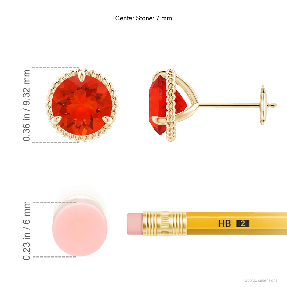 7mm AAAA Rope Framed Claw-Set Fire Opal Martini Stud Earrings in Yellow Gold ruler