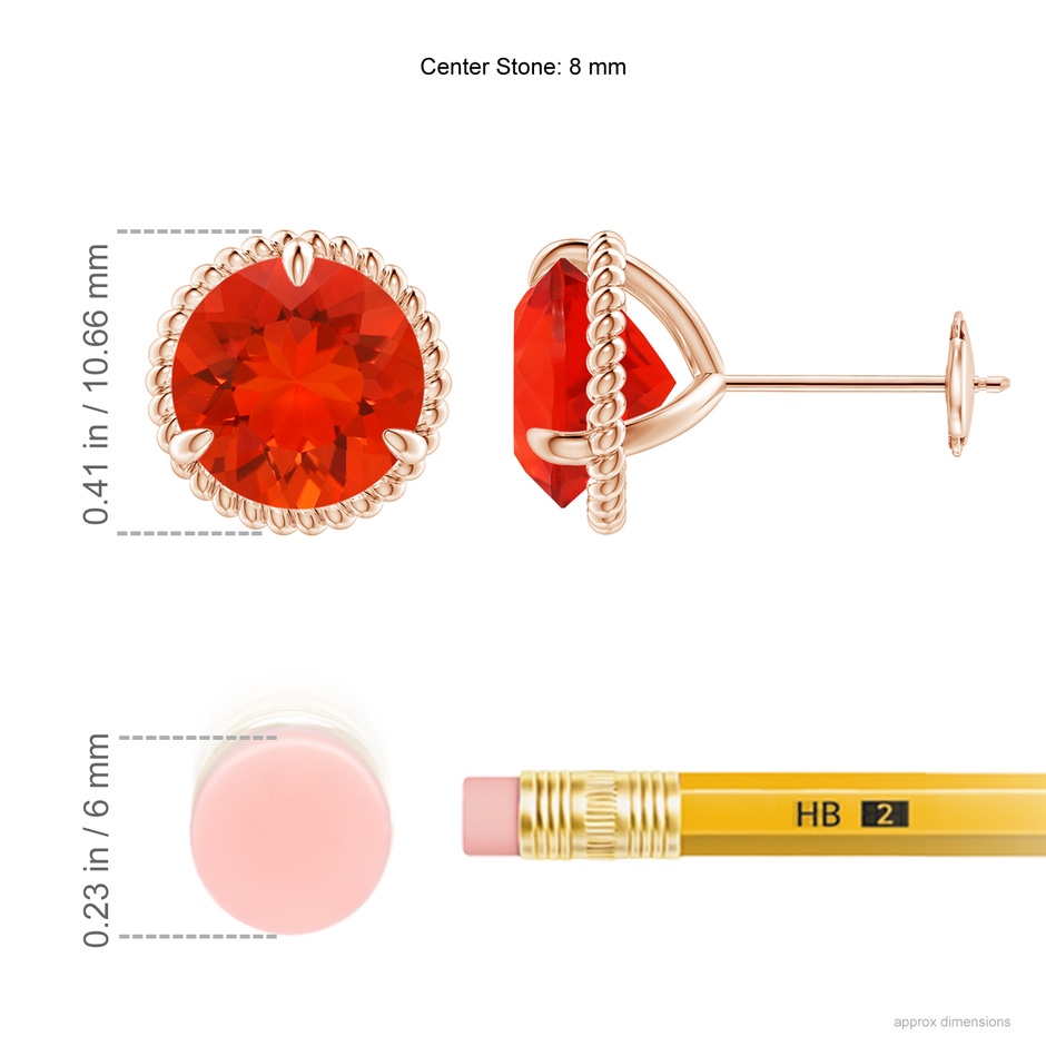 8mm AAAA Rope Framed Claw-Set Fire Opal Martini Stud Earrings in Rose Gold ruler