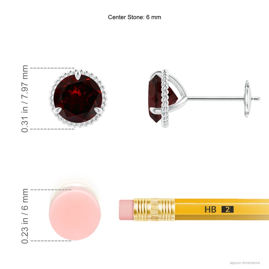 6mm A Rope Framed Claw-Set Garnet Martini Stud Earrings in White Gold ruler