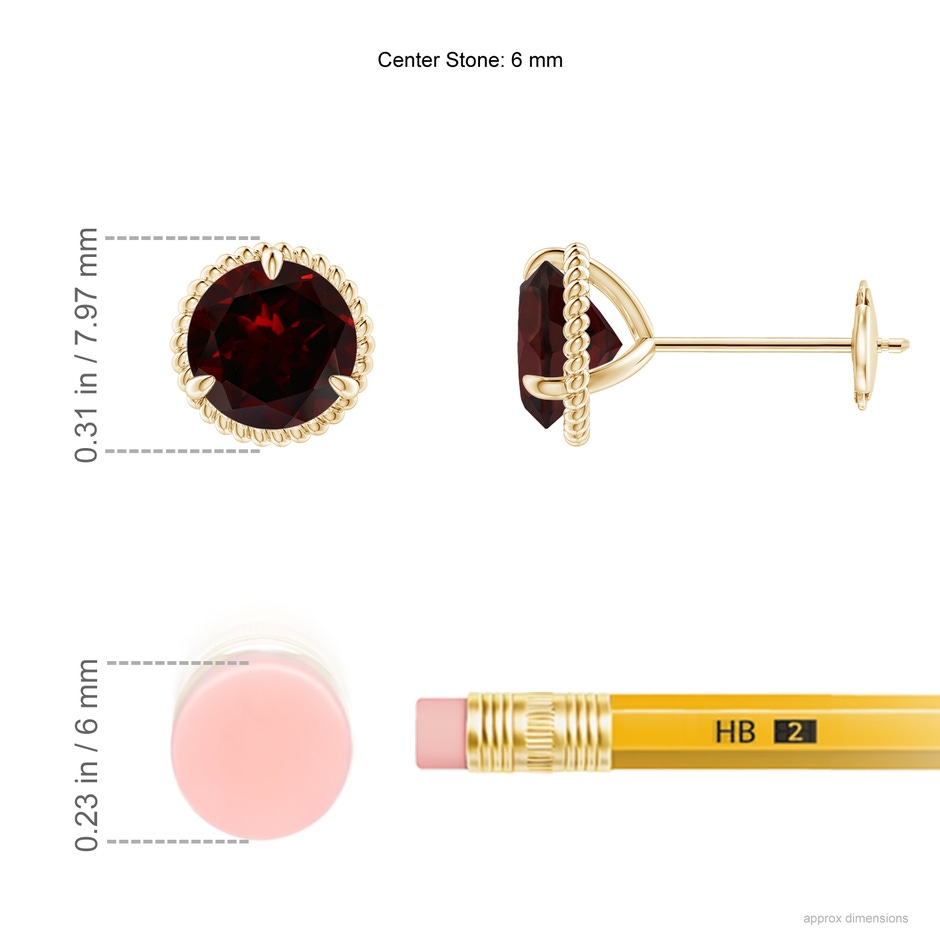 6mm A Rope Framed Claw-Set Garnet Martini Stud Earrings in Yellow Gold ruler