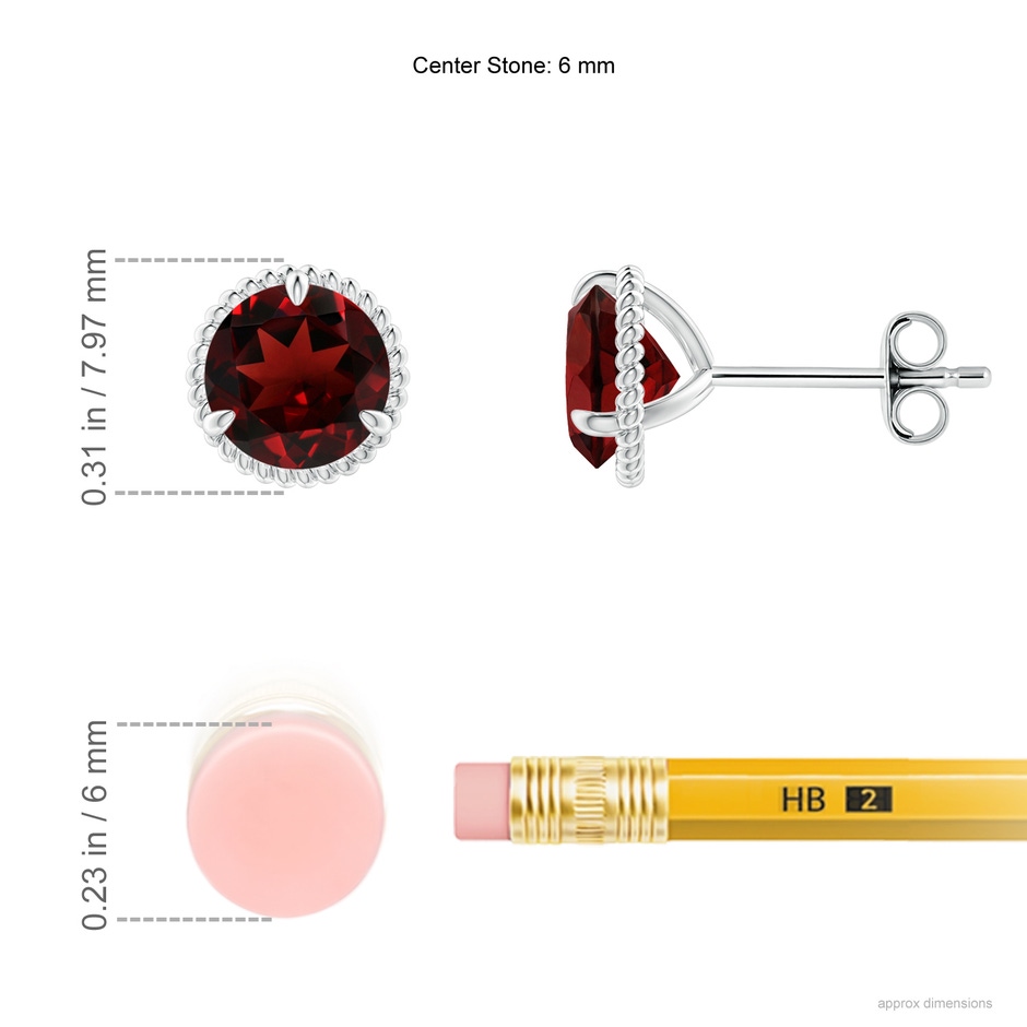 6mm AAA Rope Framed Claw-Set Garnet Martini Stud Earrings in S999 Silver ruler