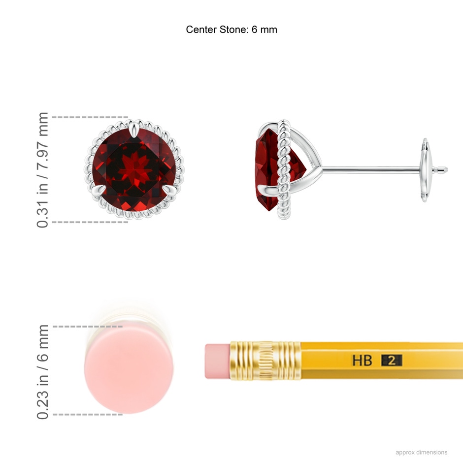 6mm AAAA Rope Framed Claw-Set Garnet Martini Stud Earrings in White Gold ruler