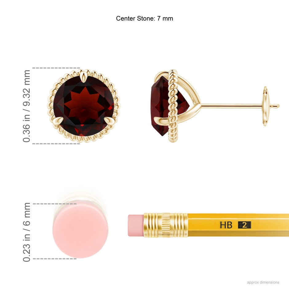 7mm AA Rope Framed Claw-Set Garnet Martini Stud Earrings in Yellow Gold ruler