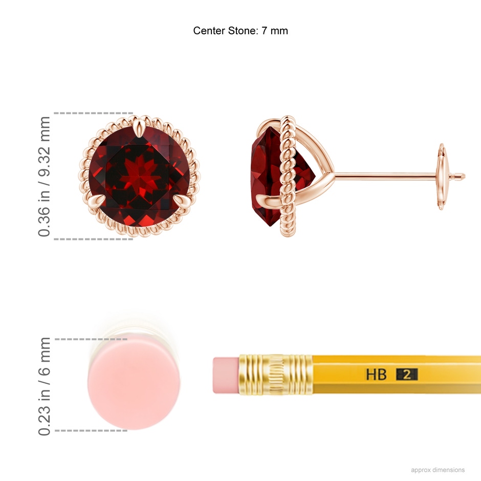 7mm AAAA Rope Framed Claw-Set Garnet Martini Stud Earrings in Rose Gold ruler