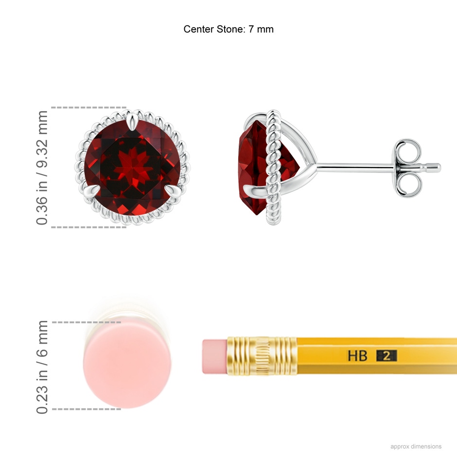 7mm AAAA Rope Framed Claw-Set Garnet Martini Stud Earrings in S999 Silver ruler