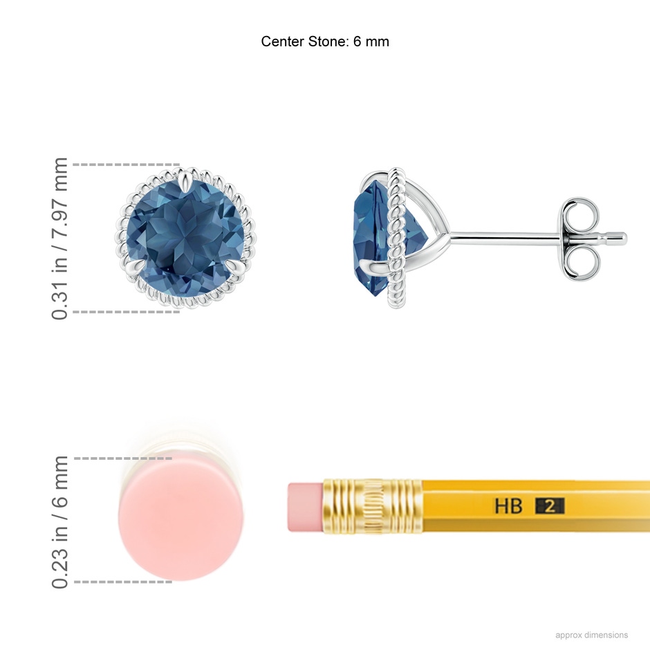 6mm A Rope Framed Claw-Set London Blue Topaz Martini Stud Earrings in S999 Silver ruler
