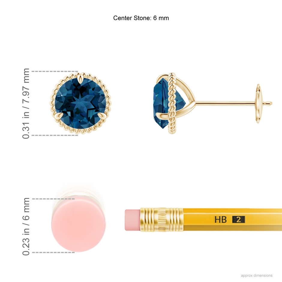 6mm AAA Rope Framed Claw-Set London Blue Topaz Martini Stud Earrings in Yellow Gold ruler