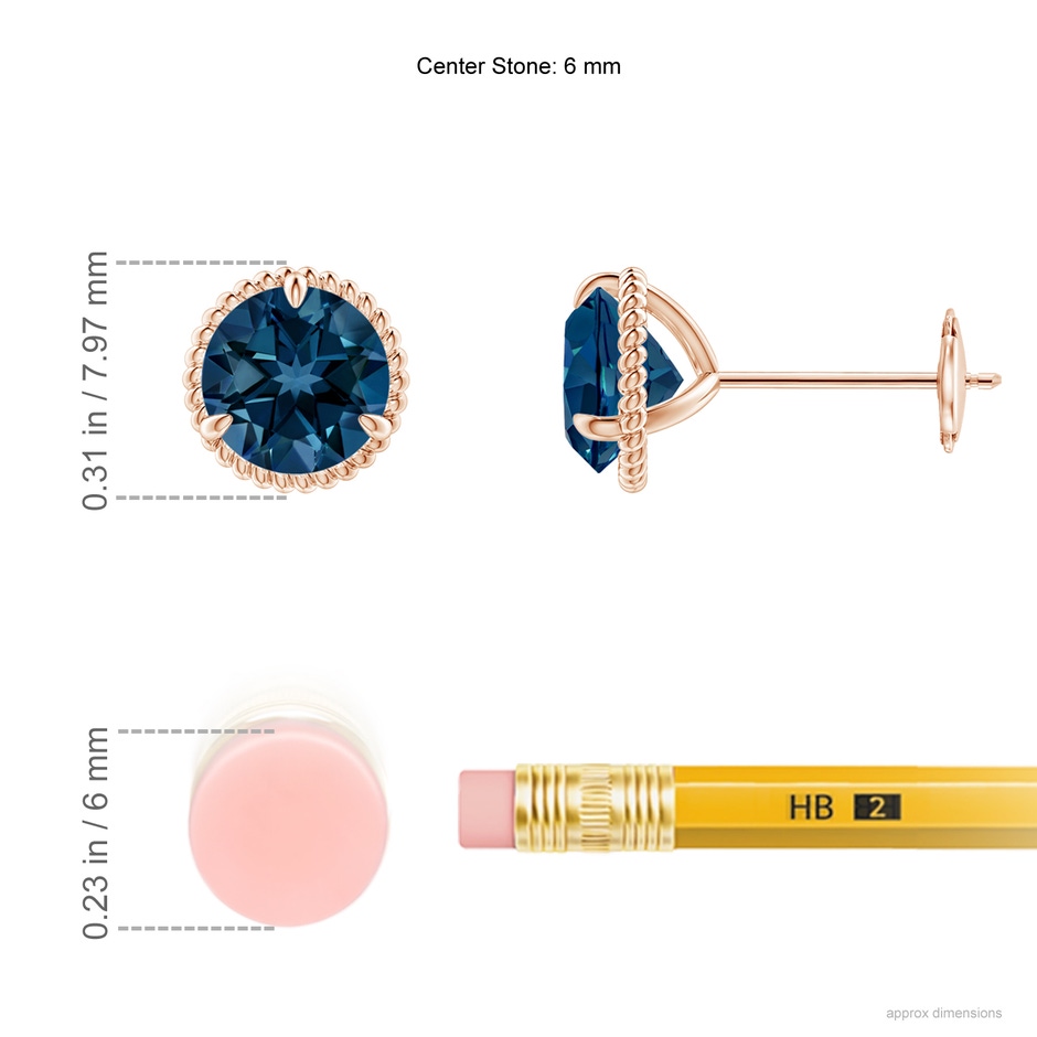 6mm AAAA Rope Framed Claw-Set London Blue Topaz Martini Stud Earrings in Rose Gold ruler