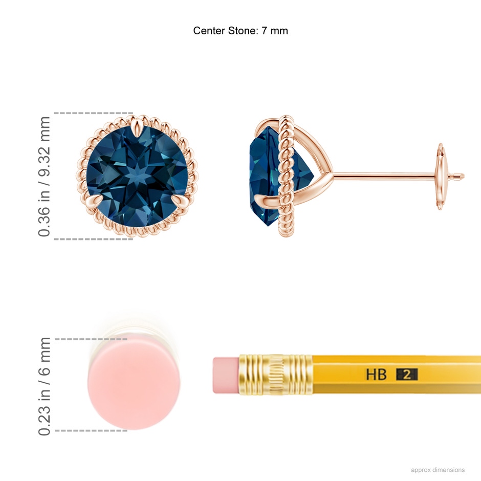 7mm AAAA Rope Framed Claw-Set London Blue Topaz Martini Stud Earrings in Rose Gold ruler