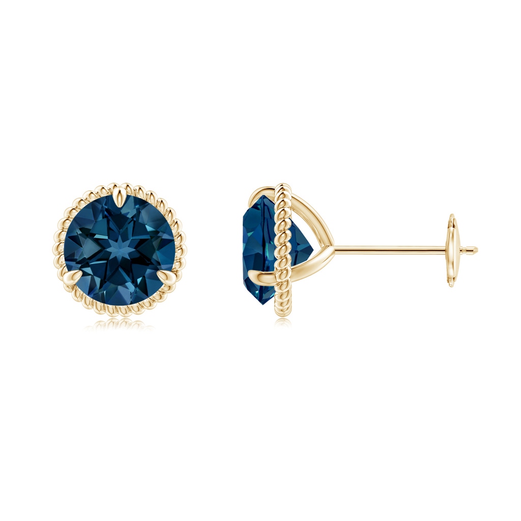 7mm AAAA Rope Framed Claw-Set London Blue Topaz Martini Stud Earrings in Yellow Gold