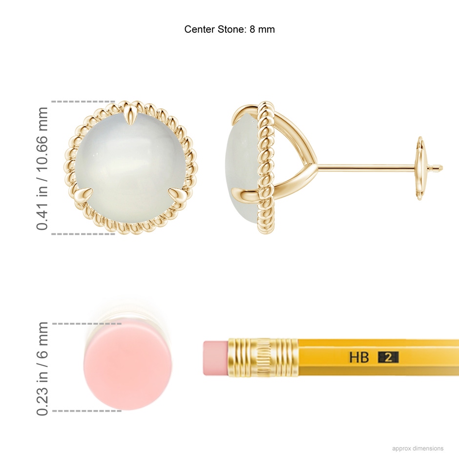 8mm AAA Rope Framed Claw-Set Moonstone Martini Stud Earrings in Yellow Gold ruler