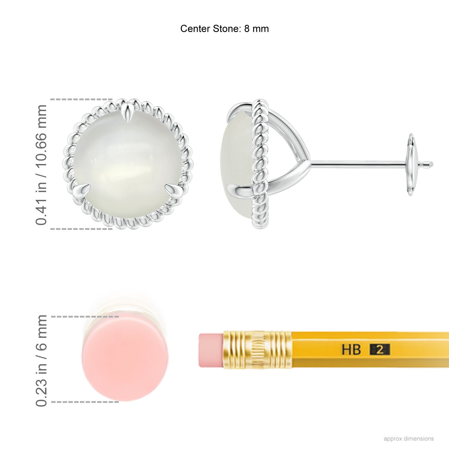 8mm AAAA Rope Framed Claw-Set Moonstone Martini Stud Earrings in 18K White Gold - ruler