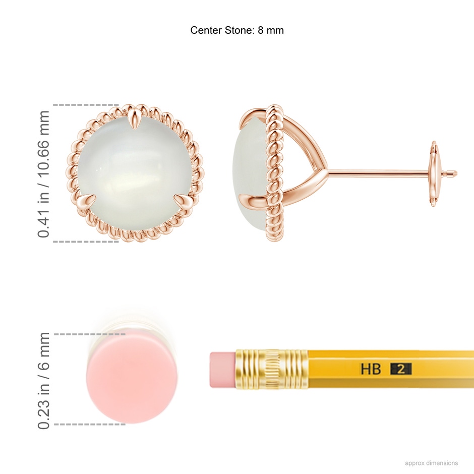 8mm AAAA Rope Framed Claw-Set Moonstone Martini Stud Earrings in Rose Gold ruler