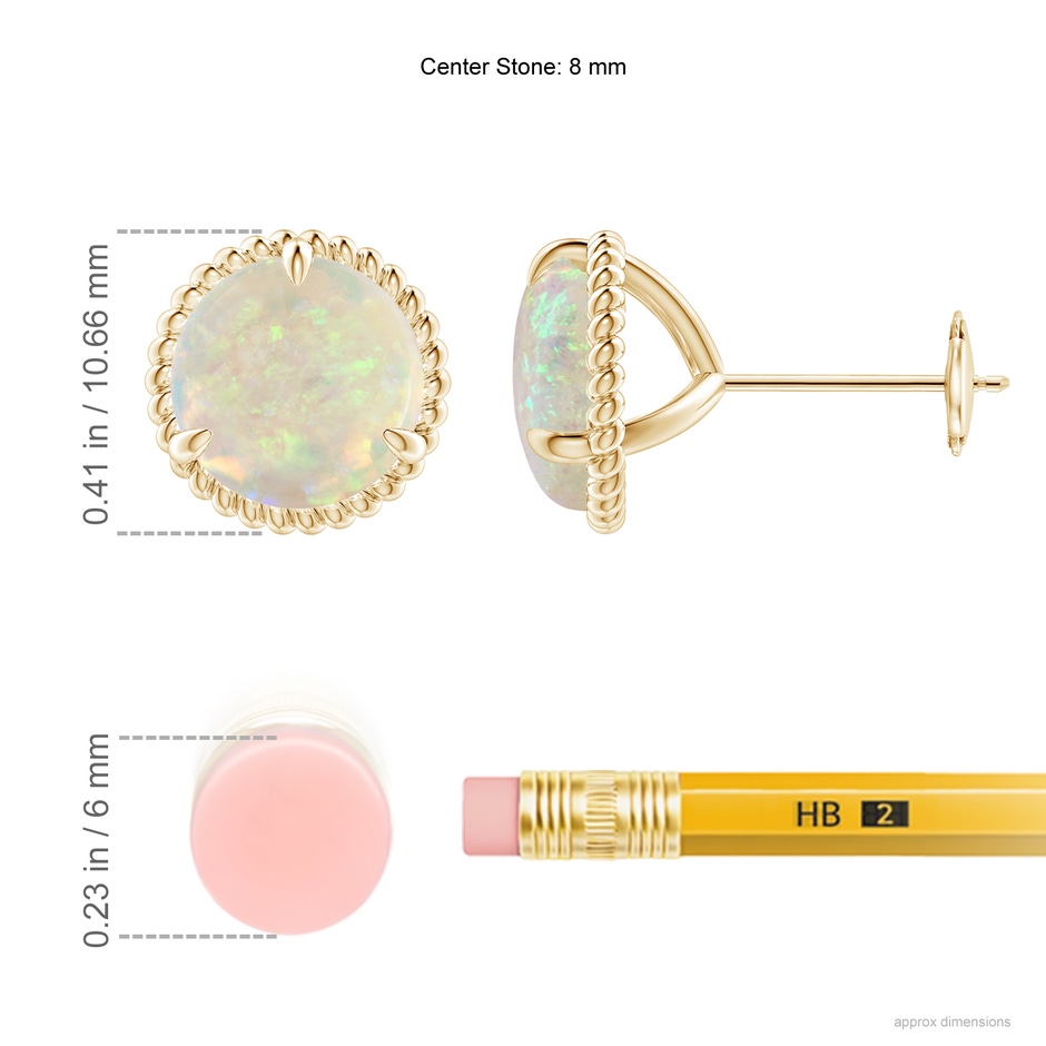 8mm AAA Rope Framed Claw-Set Opal Martini Stud Earrings in Yellow Gold ruler