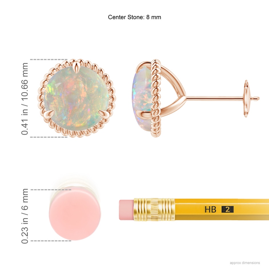 8mm AAAA Rope Framed Claw-Set Opal Martini Stud Earrings in Rose Gold ruler