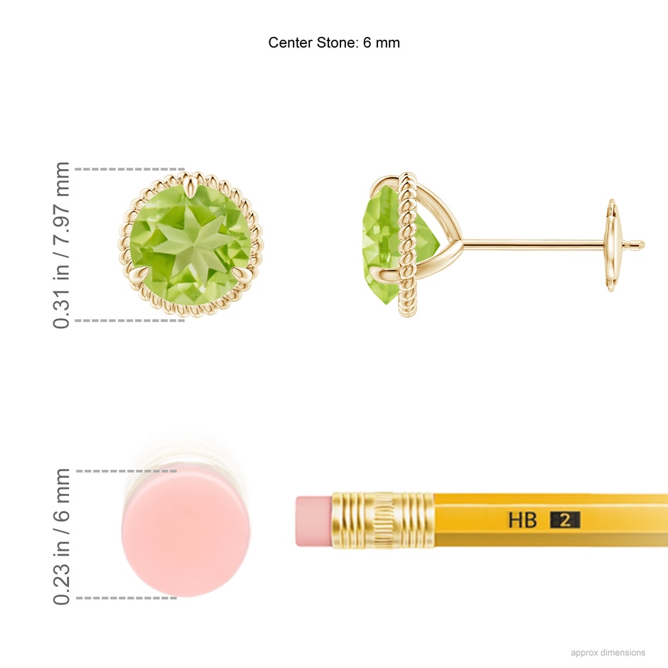 6mm AA Rope Framed Claw-Set Peridot Martini Stud Earrings in Yellow Gold ruler
