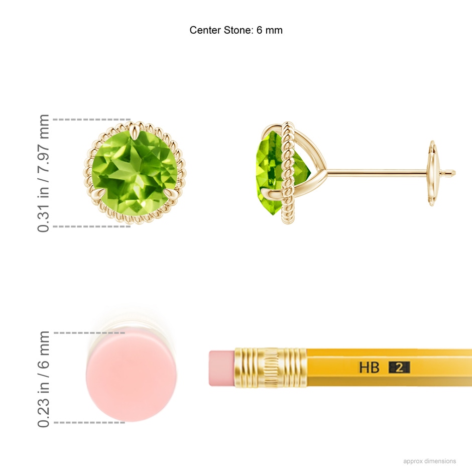 6mm AAA Rope Framed Claw-Set Peridot Martini Stud Earrings in Yellow Gold ruler