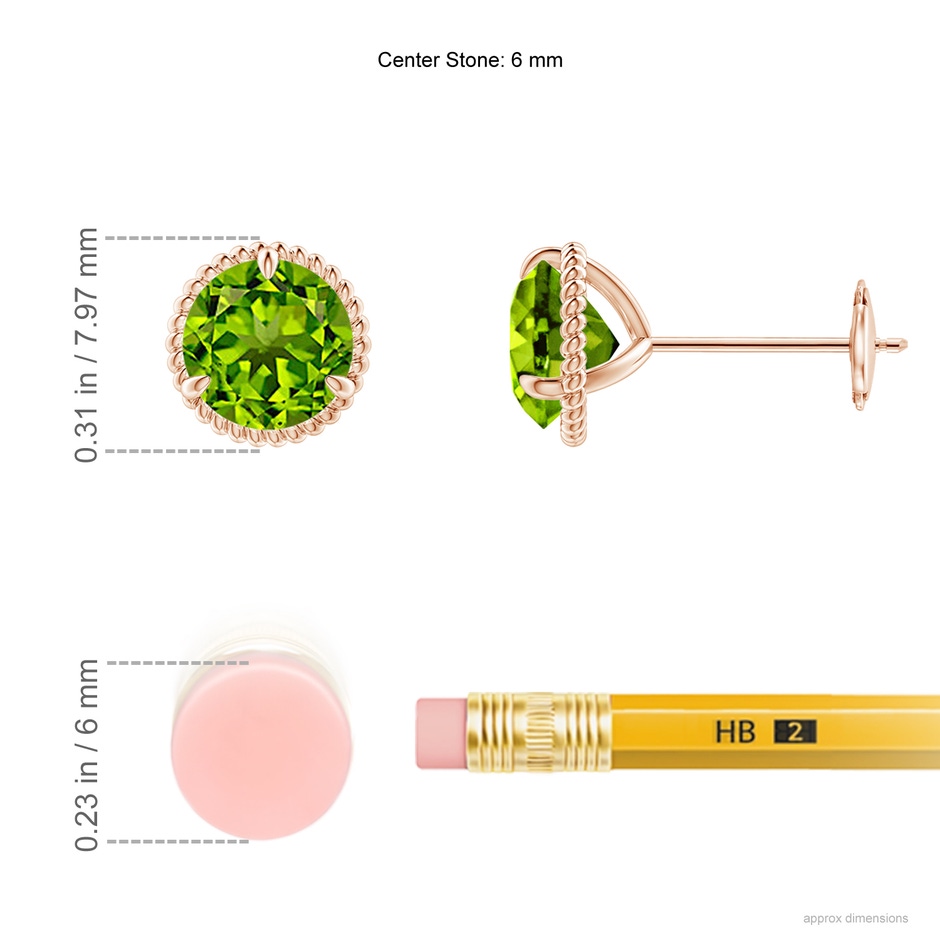 6mm AAAA Rope Framed Claw-Set Peridot Martini Stud Earrings in Rose Gold ruler