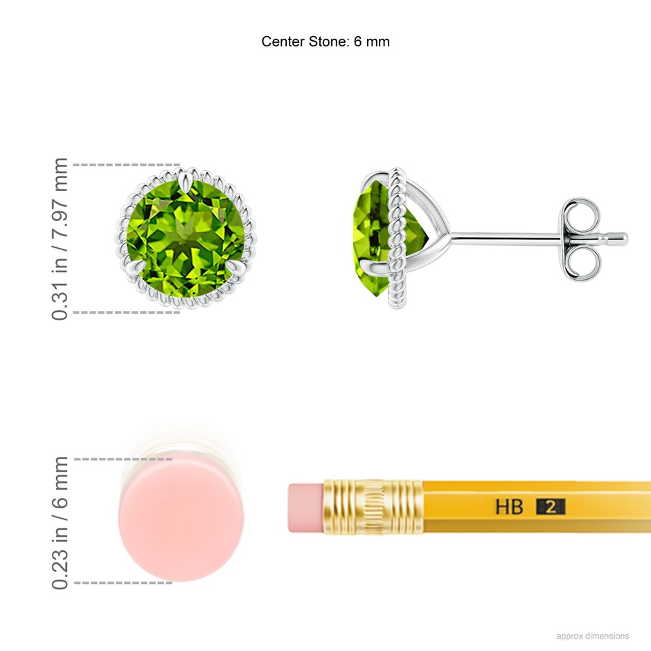 6mm AAAA Rope Framed Claw-Set Peridot Martini Stud Earrings in S999 Silver ruler