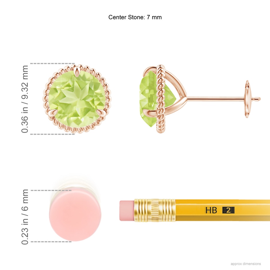 7mm A Rope Framed Claw-Set Peridot Martini Stud Earrings in Rose Gold ruler
