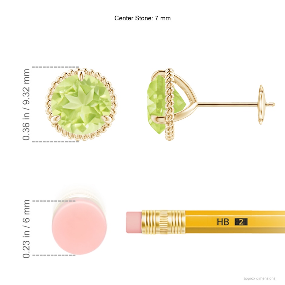 7mm A Rope Framed Claw-Set Peridot Martini Stud Earrings in Yellow Gold ruler