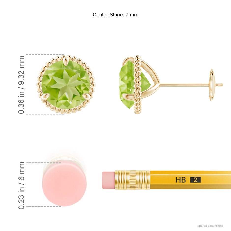 7mm AA Rope Framed Claw-Set Peridot Martini Stud Earrings in Yellow Gold ruler