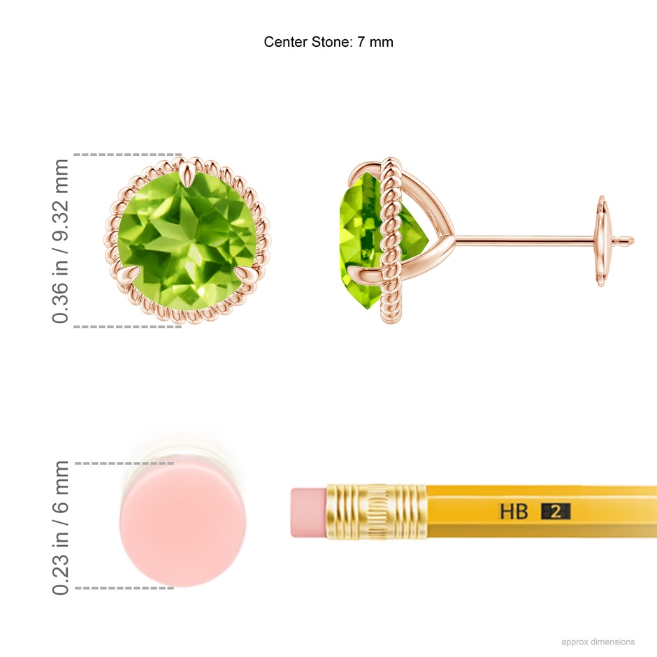 7mm AAA Rope Framed Claw-Set Peridot Martini Stud Earrings in Rose Gold ruler