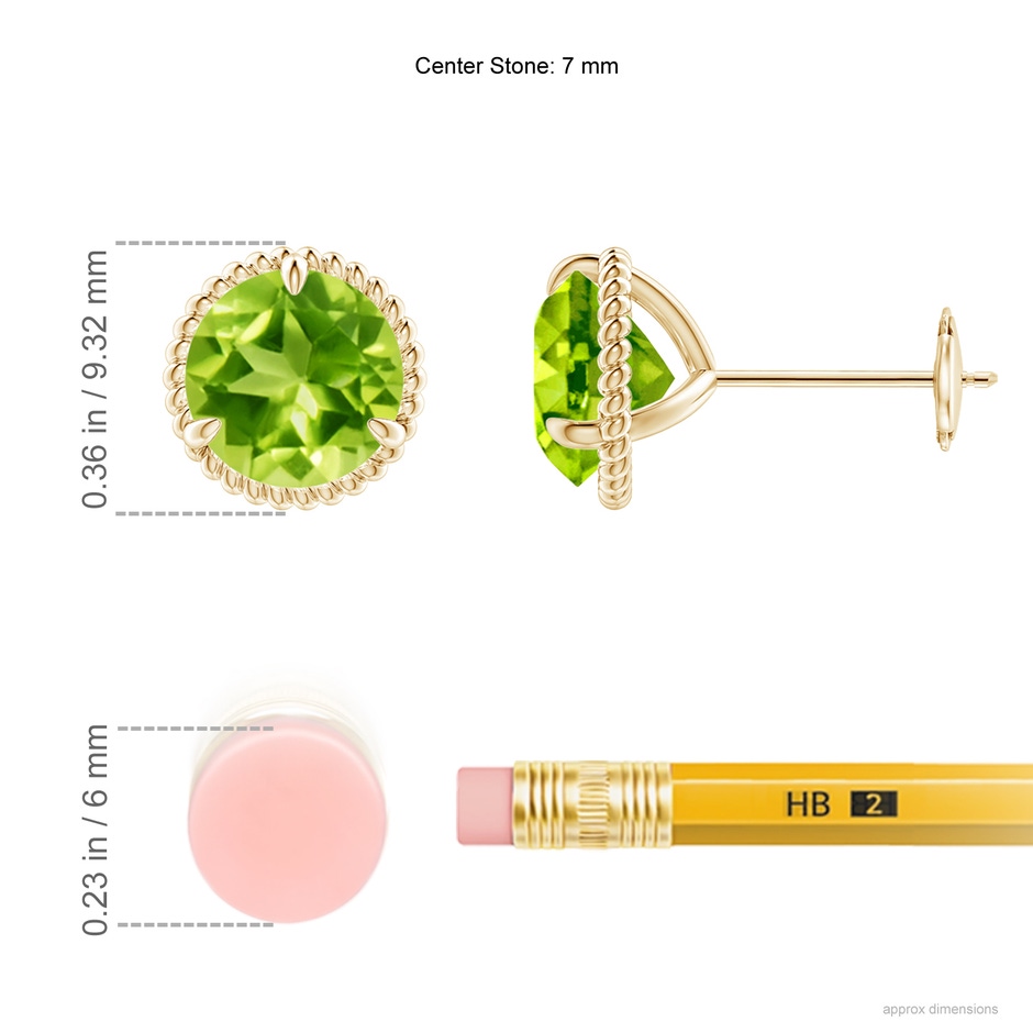 7mm AAA Rope Framed Claw-Set Peridot Martini Stud Earrings in Yellow Gold ruler
