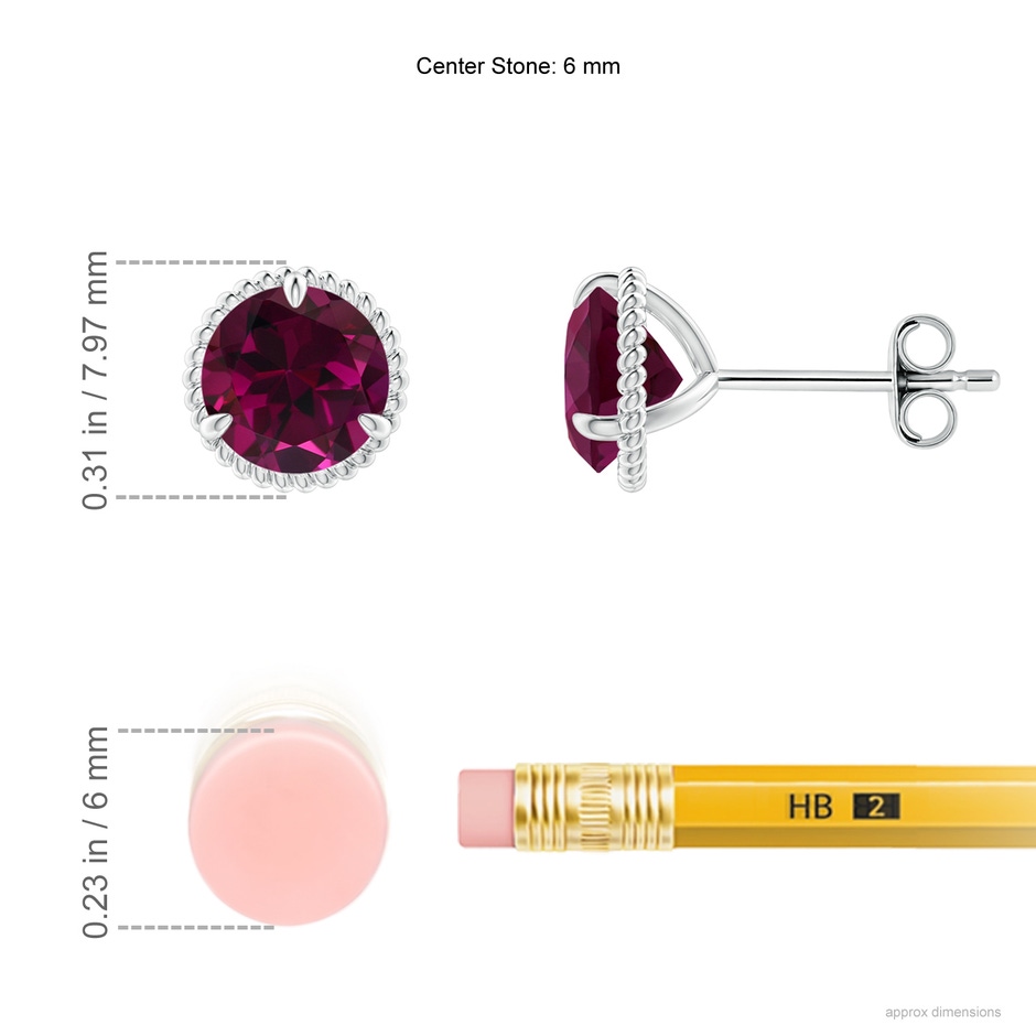 6mm AAA Rope Framed Claw-Set Rhodolite Martini Stud Earrings in S999 Silver ruler