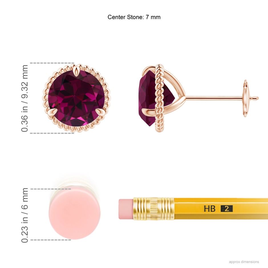 7mm AAA Rope Framed Claw-Set Rhodolite Martini Stud Earrings in Rose Gold ruler