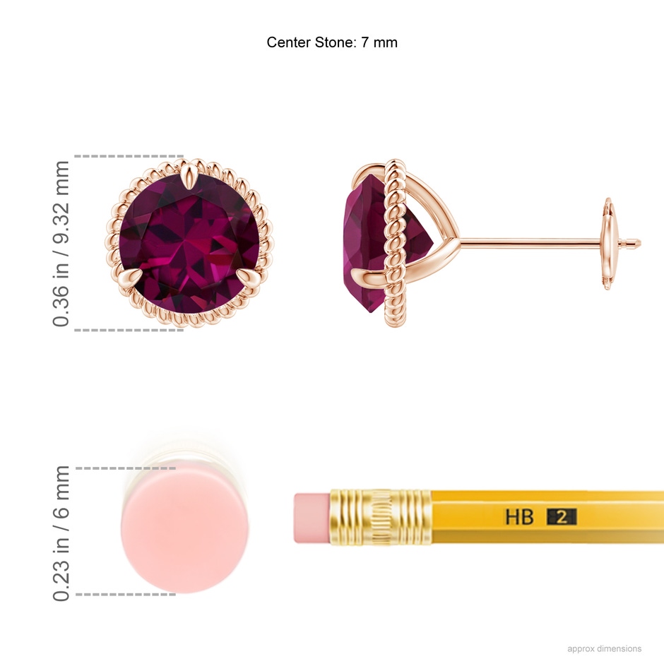 7mm AAAA Rope Framed Claw-Set Rhodolite Martini Stud Earrings in Rose Gold ruler