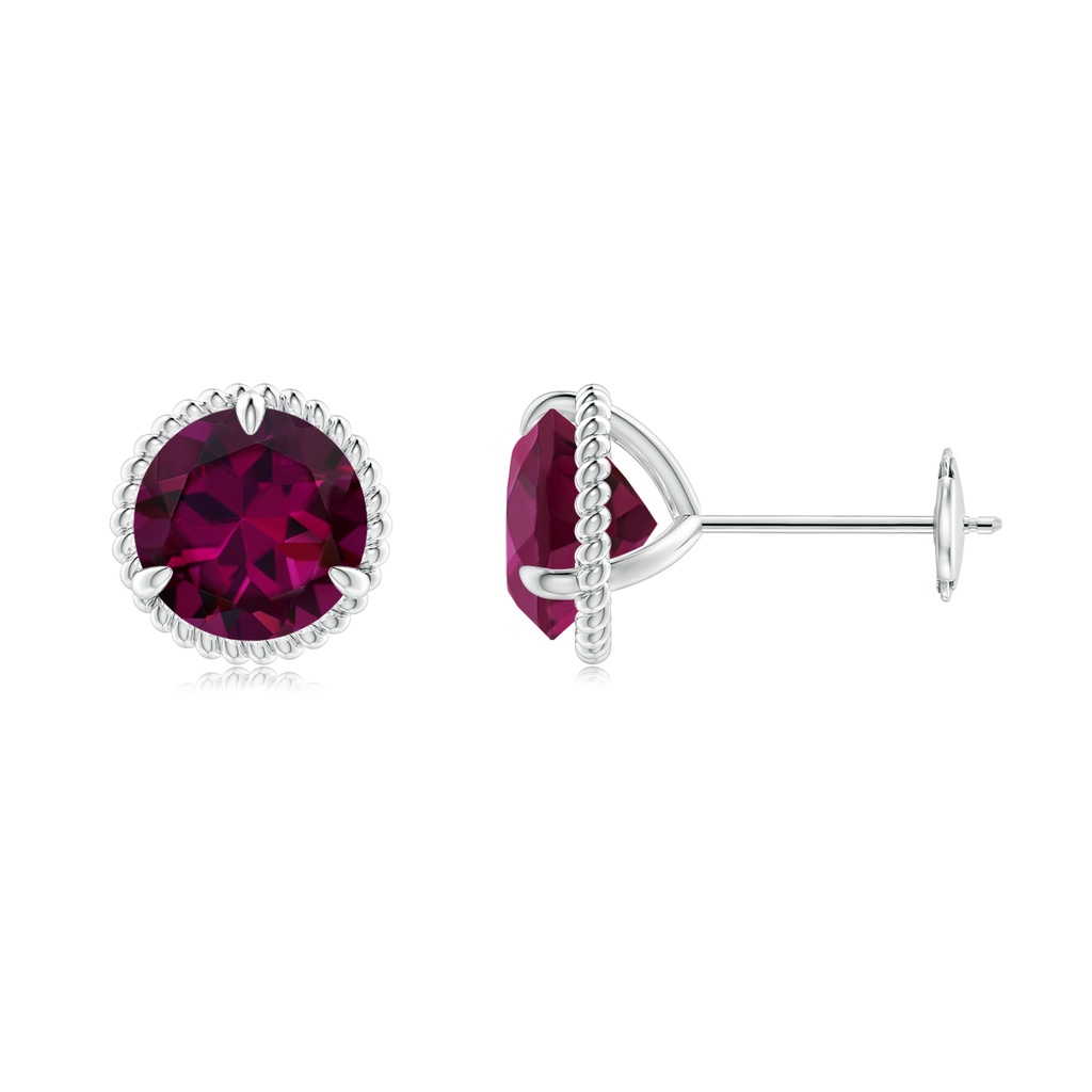 7mm AAAA Rope Framed Claw-Set Rhodolite Martini Stud Earrings in White Gold