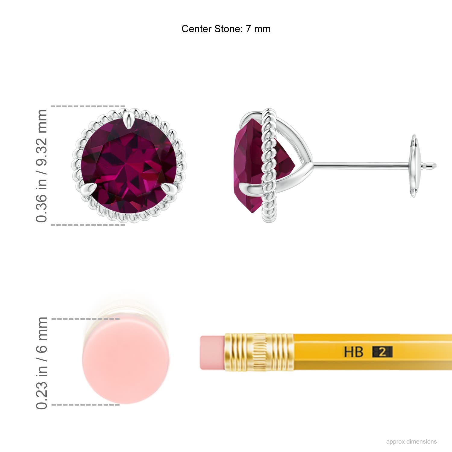 7mm AAAA Rope Framed Claw-Set Rhodolite Martini Stud Earrings in White Gold - ruler