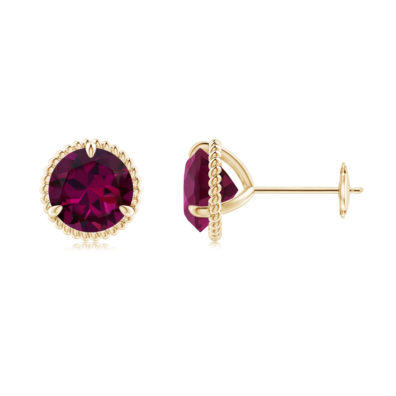 7mm AAAA Rope Framed Claw-Set Rhodolite Martini Stud Earrings in Yellow Gold