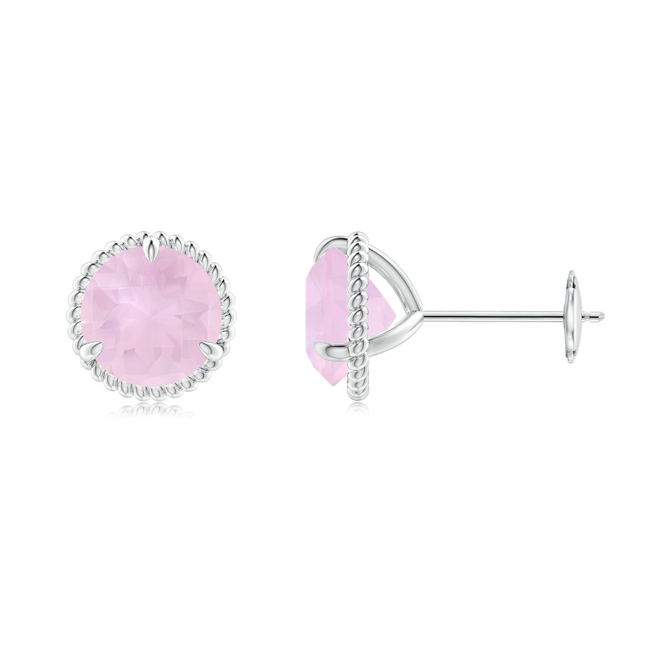 7mm AAA Rope Framed Claw-Set Rose Quartz Martini Stud Earrings in 18K White Gold 