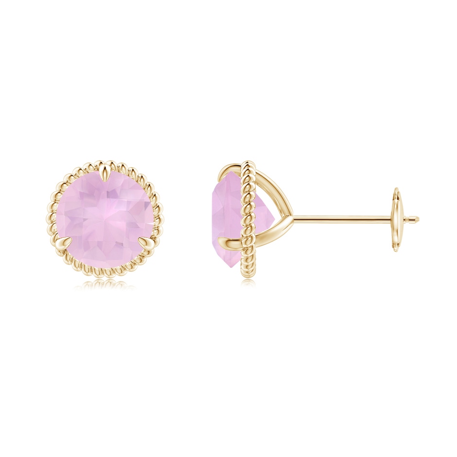 7mm AAAA Rope Framed Claw-Set Rose Quartz Martini Stud Earrings in Yellow Gold 