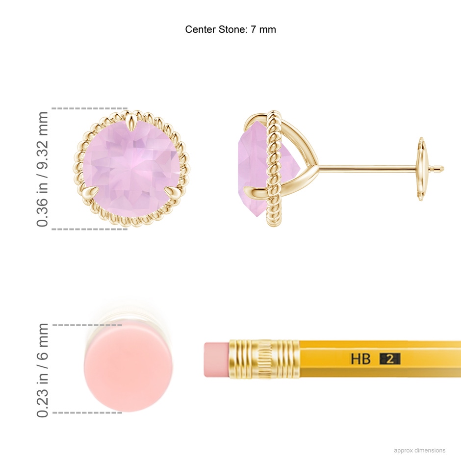 7mm AAAA Rope Framed Claw-Set Rose Quartz Martini Stud Earrings in Yellow Gold ruler