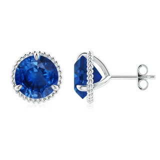 9mm AAA Rope Framed Claw-Set Blue Sapphire Martini Stud Earrings in S999 Silver