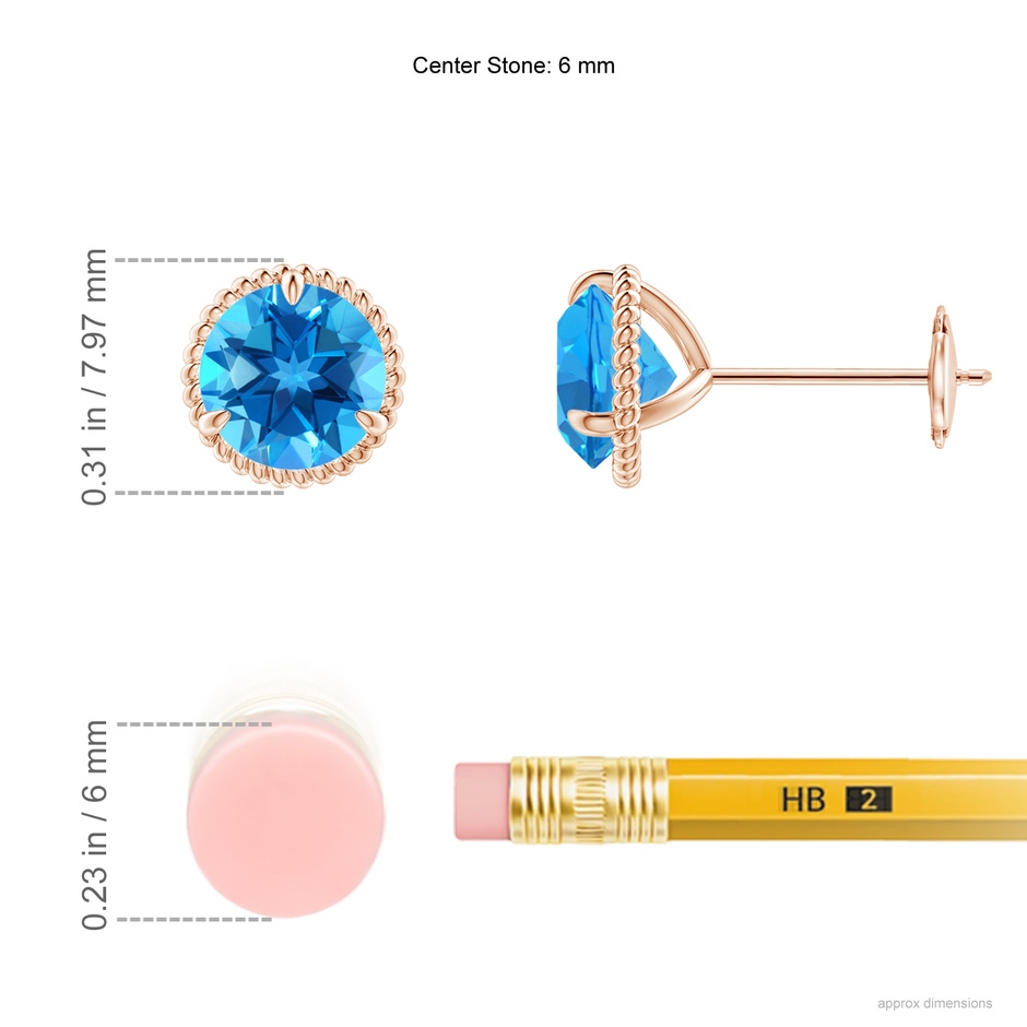 6mm AAAA Rope Framed Claw-Set Swiss Blue Topaz Martini Stud Earrings in Rose Gold ruler