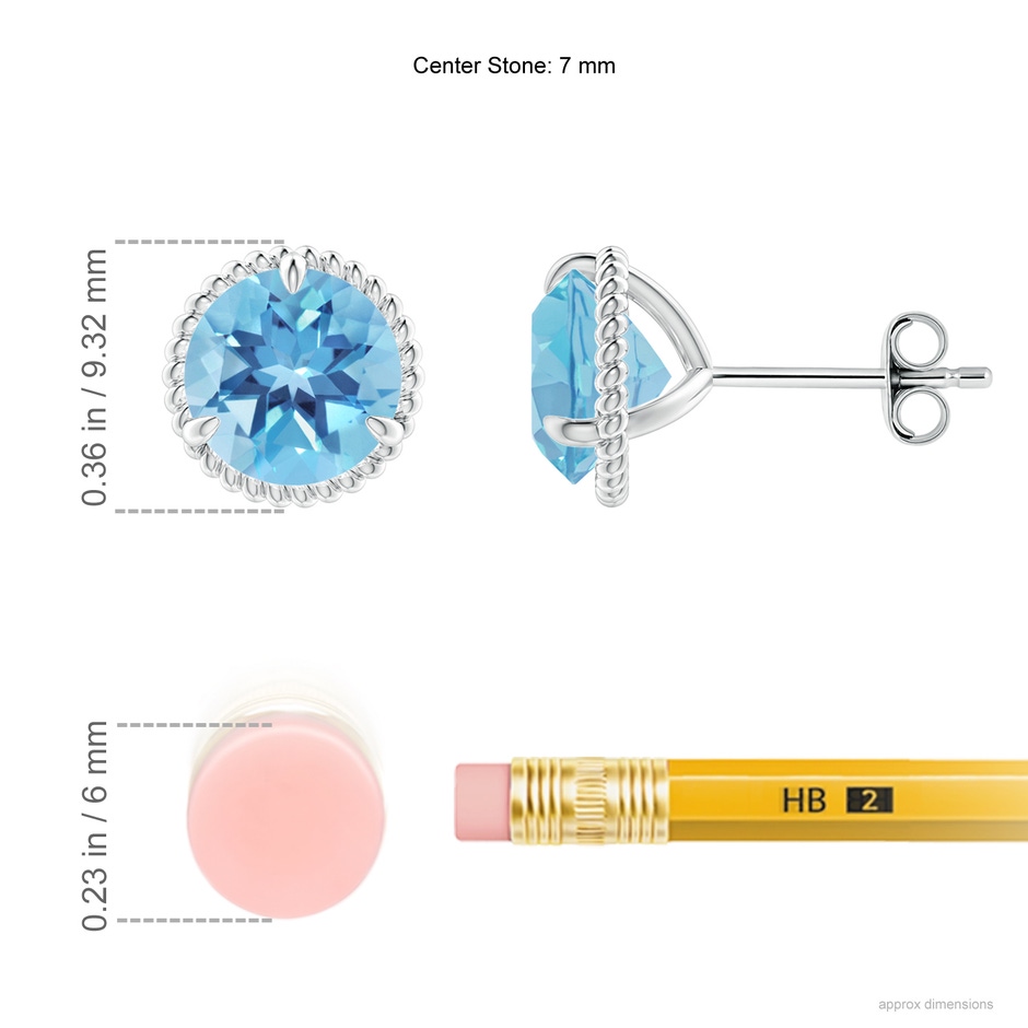 7mm A Rope Framed Claw-Set Swiss Blue Topaz Martini Stud Earrings in S999 Silver ruler