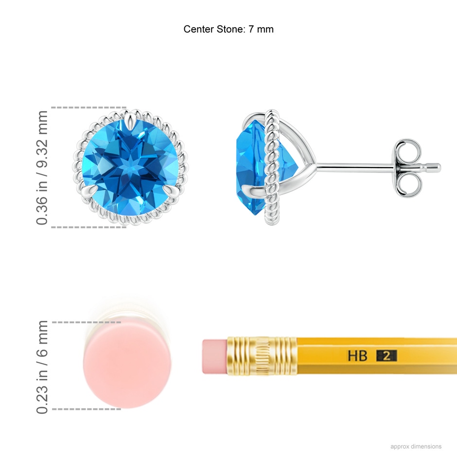 7mm AAAA Rope Framed Claw-Set Swiss Blue Topaz Martini Stud Earrings in S999 Silver ruler